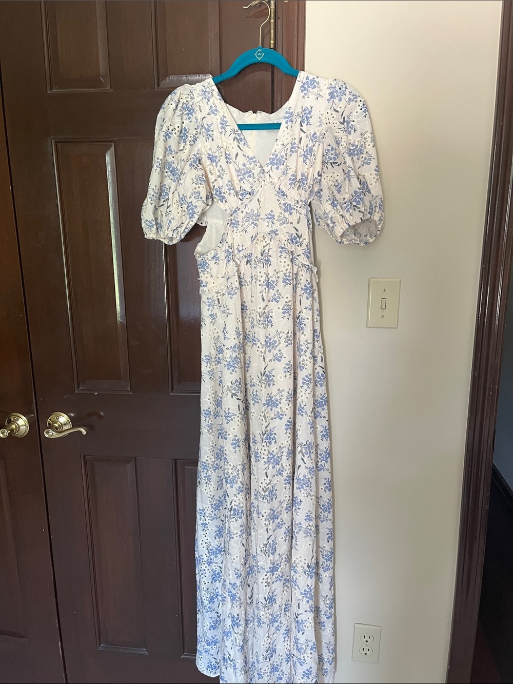Petal & Pup Cream Maxi Dress with Blue Floral Print and Puff Sleeves